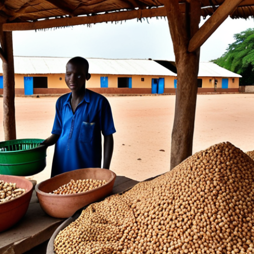 Home 4 A vibrant marketplace in The Gambia, showcasing the importance of groundnuts. Capture local farmers proudly displaying their harvested peanuts, alongside merchants selling peanut-based products. In the background, show a glimpse of modern infrastructure, like a school or hospital, symbolizing the economic impact of groundnut exports. Include diverse Gambian people interacting, reflecting the cultural significance of this crop.