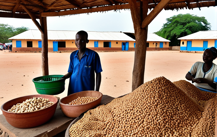 A vibrant marketplace in The Gambia, showcasing the importance of groundnuts. Capture local farmers proudly displaying their harvested peanuts, alongside merchants selling peanut-based products. In the background, show a glimpse of modern infrastructure, like a school or hospital, symbolizing the economic impact of groundnut exports. Include diverse Gambian people interacting, reflecting the cultural significance of this crop.