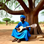 A venerable Gambian griot, fully clothed in modest, traditional attire, sits peacefully under the sprawling branches of a majestic baobab tree in a serene village. He is expertly playing a traditional 21-string kora, its gourd-shaped body and long neck clearly visible, with well-formed hands plucking the strings. The scene captures the essence of oral storytelling and musical heritage. The setting is bathed in soft, natural daylight. This is a professional image, safe for work, appropriate content, family-friendly, with perfect anatomy, correct proportions, natural pose, proper finger count, and natural body proportions, high quality photography.