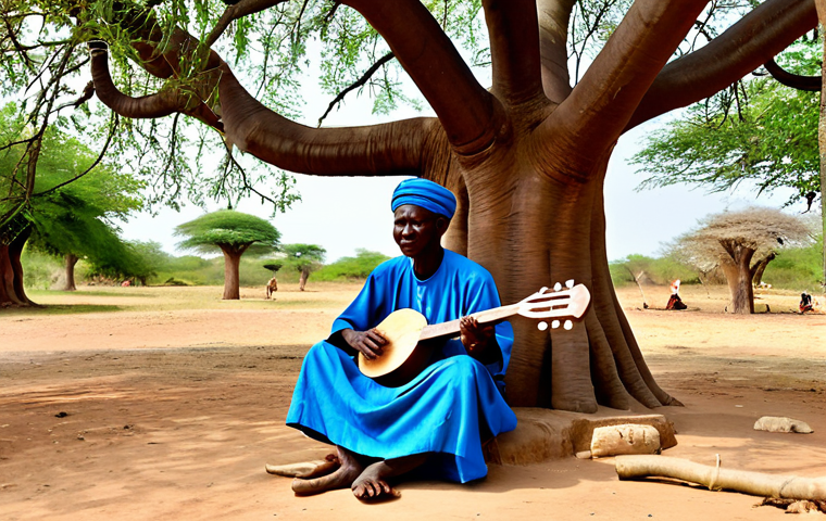A venerable Gambian griot, fully clothed in modest, traditional attire, sits peacefully under the sprawling branches of a majestic baobab tree in a serene village. He is expertly playing a traditional 21-string kora, its gourd-shaped body and long neck clearly visible, with well-formed hands plucking the strings. The scene captures the essence of oral storytelling and musical heritage. The setting is bathed in soft, natural daylight. This is a professional image, safe for work, appropriate content, family-friendly, with perfect anatomy, correct proportions, natural pose, proper finger count, and natural body proportions, high quality photography.