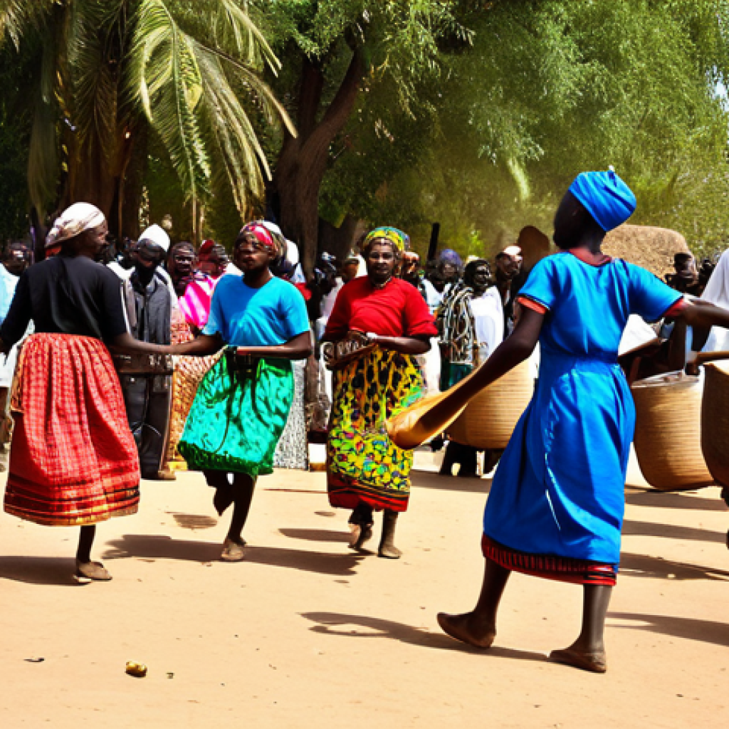 감비아의 주요 축제 - Harvest Celebration**

"A vibrant village scene in Gambia during the harvest season. People are danc...