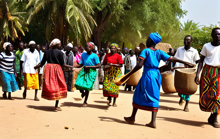 감비아의 주요 축제 - Harvest Celebration**

"A vibrant village scene in Gambia during the harvest season. People are danc...