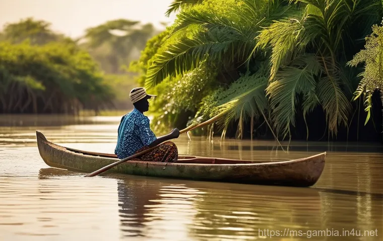 감비아와 아프리카 연합 - **Gambia's Ecotourism and Serenity:** A wide, cinematic shot capturing the tranquil beauty of The Ga...