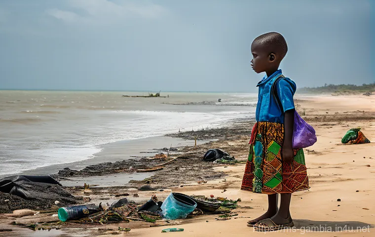 감비아 플라스틱 사용 금지 - Image Prompt 1: The Weight of Plastic on Gambian Shores**