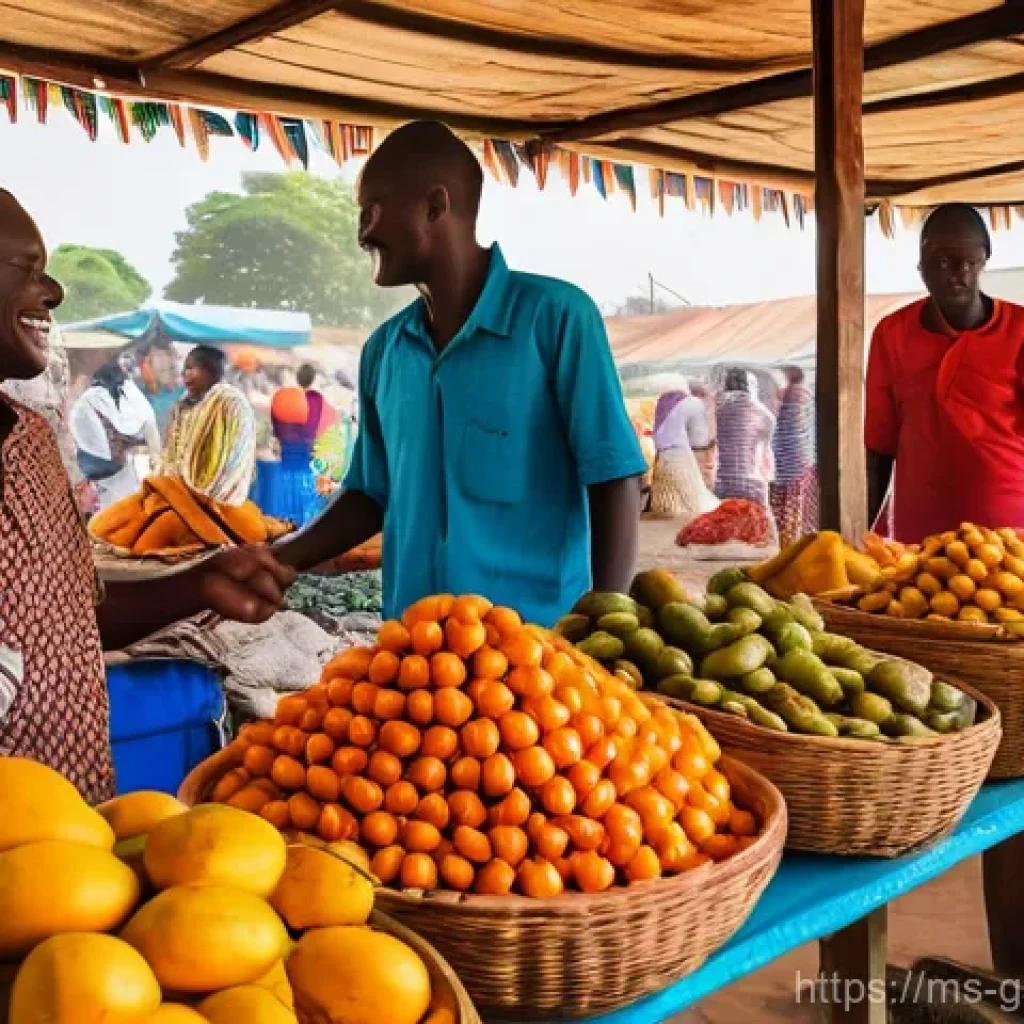 감비아에서의 로컬 커뮤니티 체험 - "A vibrant and bustling Gambian Albert Market scene, filled with warm, golden sunlight. Local vendor...