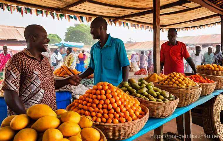 감비아에서의 로컬 커뮤니티 체험 - "A vibrant and bustling Gambian Albert Market scene, filled with warm, golden sunlight. Local vendor...