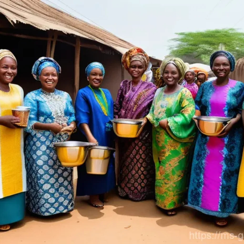 감비아 전통 종교 축제 - **Prompt 1: "A vibrant Aidiladha celebration in a Gambian village, depicting a bustling scene of Man...