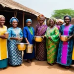 감비아 전통 종교 축제 - **Prompt 1: "A vibrant Aidiladha celebration in a Gambian village, depicting a bustling scene of Man...