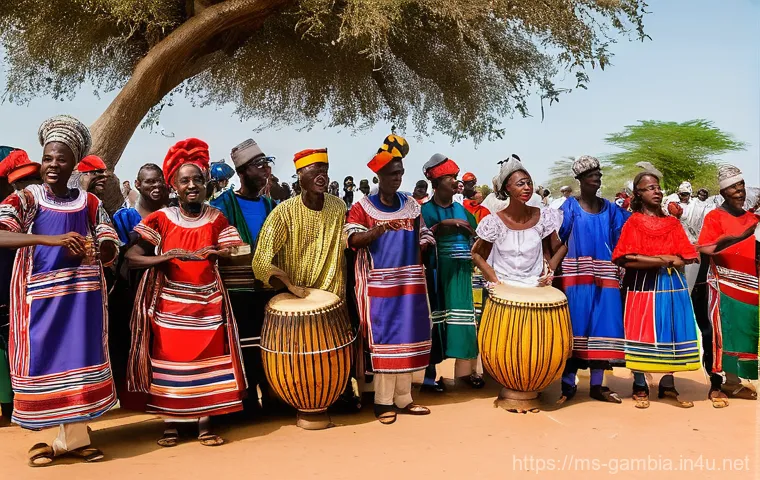 감비아 전통 종교 축제 - **Prompt 1: "A vibrant Aidiladha celebration in a Gambian village, depicting a bustling scene of Man...