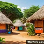 감비아 지역 방언 - A vibrant traditional Gambian village scene set in the inland region, showcasing a close-knit commun...