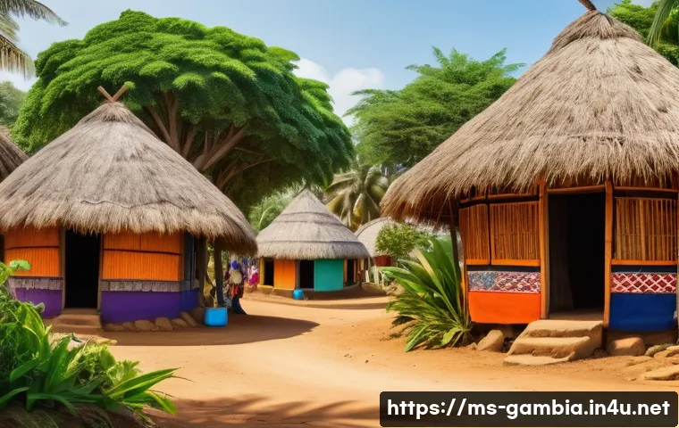 감비아 지역 방언 - A vibrant traditional Gambian village scene set in the inland region, showcasing a close-knit commun...