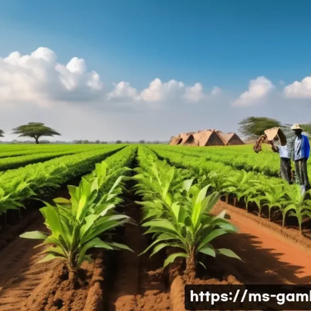 감비아 스타트업 산업 - A vibrant rural Gambian farm scene showcasing young farmers using mobile apps on smartphones to moni...