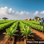 감비아 스타트업 산업 - A vibrant rural Gambian farm scene showcasing young farmers using mobile apps on smartphones to moni...
