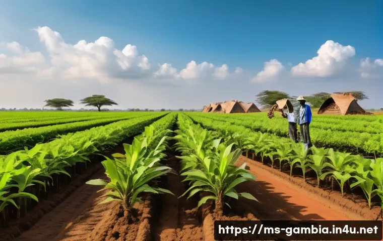 감비아 스타트업 산업 - A vibrant rural Gambian farm scene showcasing young farmers using mobile apps on smartphones to moni...