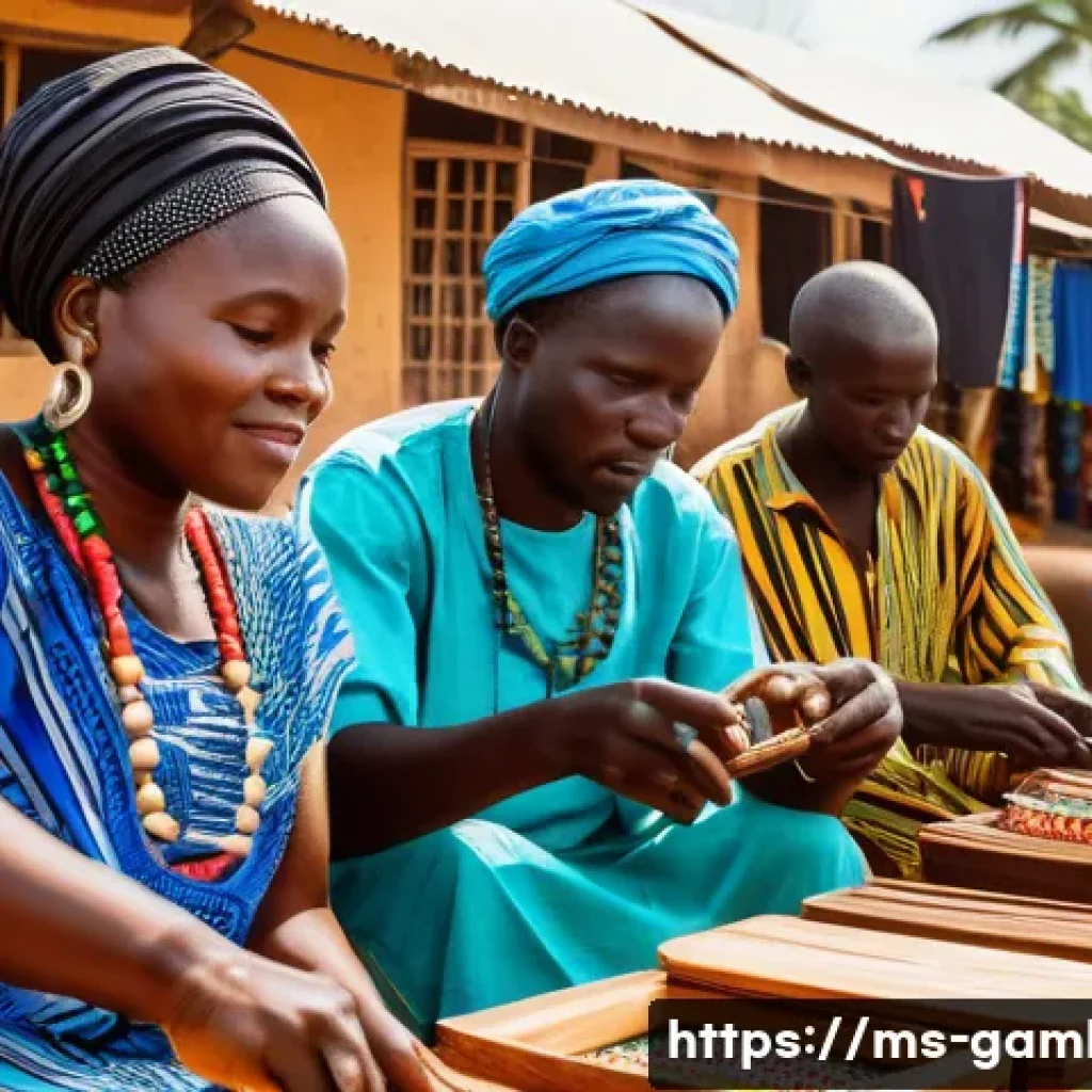감비아 주요 수출품 - A bustling Gambian marketplace scene focused on local artisans crafting traditional and modern fusio...