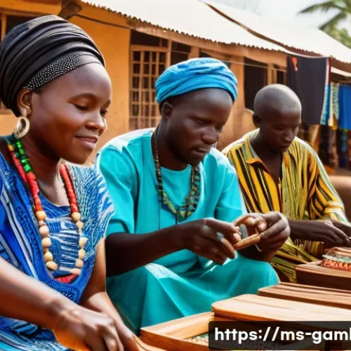 감비아 주요 수출품 - A bustling Gambian marketplace scene focused on local artisans crafting traditional and modern fusio...