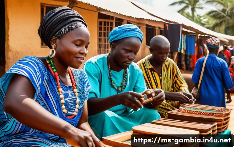 감비아 주요 수출품 - A bustling Gambian marketplace scene focused on local artisans crafting traditional and modern fusio...