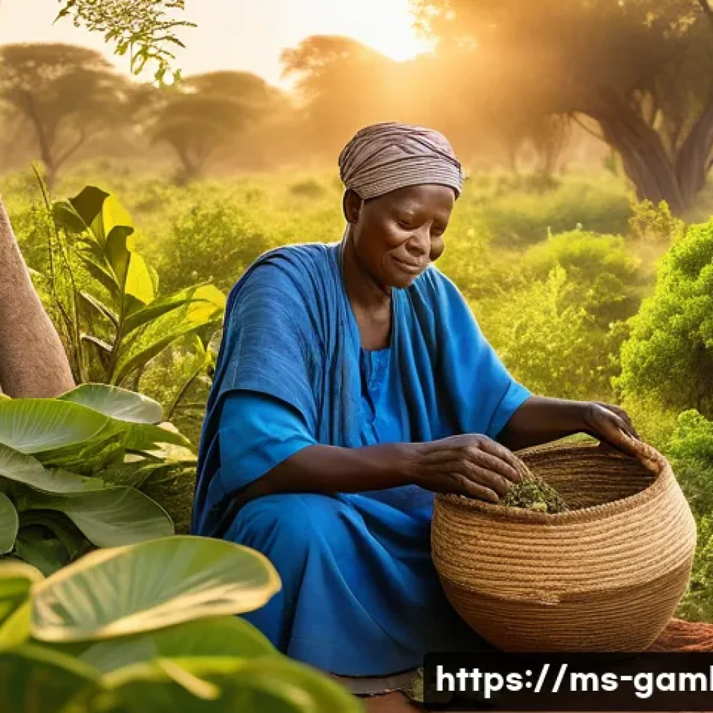 감비아 대체 의학 문화 - A traditional Gambian herbal healer in a rural village setting, carefully picking fresh medicinal le...