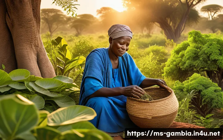 감비아 대체 의학 문화 - A traditional Gambian herbal healer in a rural village setting, carefully picking fresh medicinal le...