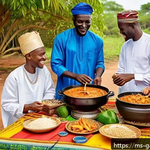 감비아에서의 음식 문화 차이 - A vibrant Gambian traditional feast scene set outdoors during a wedding celebration, featuring large...