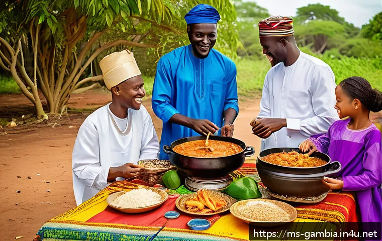 감비아에서의 음식 문화 차이 - A vibrant Gambian traditional feast scene set outdoors during a wedding celebration, featuring large...