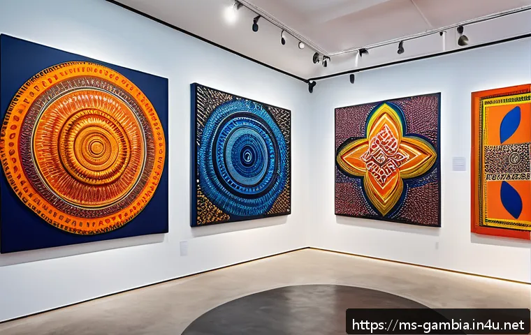 감비아 유명 예술가 - A vibrant contemporary Gambian art gallery scene showcasing large abstract paintings inspired by tra...