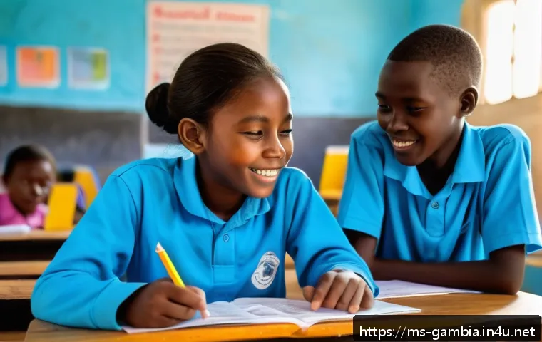 감비아 영어 사용률 - A vibrant Gambian classroom scene showing diverse young students attentively learning English, with ...