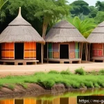 감비아 전통 가옥 양식 - A traditional Gambian village scene featuring round and square houses made from natural materials su...