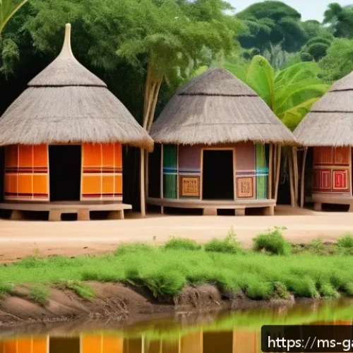 감비아 전통 가옥 양식 - A traditional Gambian village scene featuring round and square houses made from natural materials su...