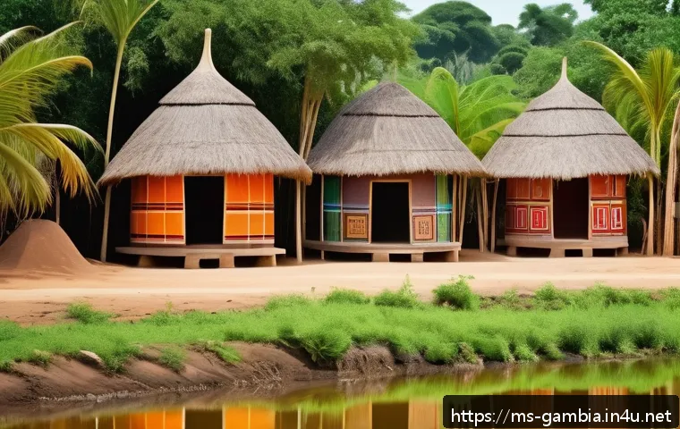 감비아 전통 가옥 양식 - A traditional Gambian village scene featuring round and square houses made from natural materials su...