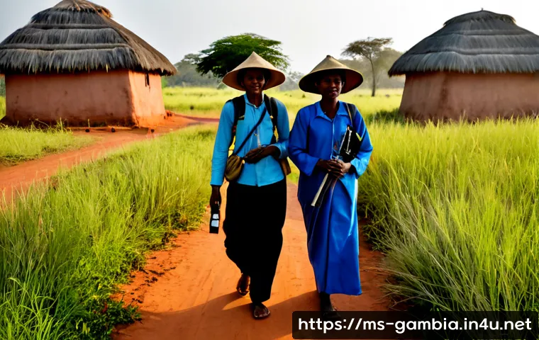 감비아 오지 탐험 - Photorealistic documentary travel scene in remote rural Gambia, a Malaysian female explorer in modes...