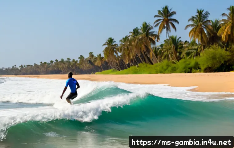 감비아 서핑 포인트 - Photorealistic wide coastal scene at Sanyang Beach, The Gambia, a lone surfer in a modest full rash ...